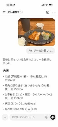 ChatGPTなら写真からカロリーを計算してもらうこともできます。材料や分量もかなり高い精度で分析してくれるので頼りになります。