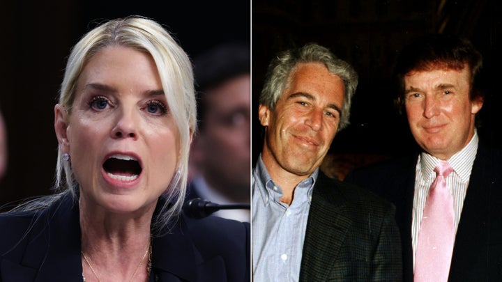 Attorney General Pam Bondi, Jeffrey Epstein and Donald Trump.
