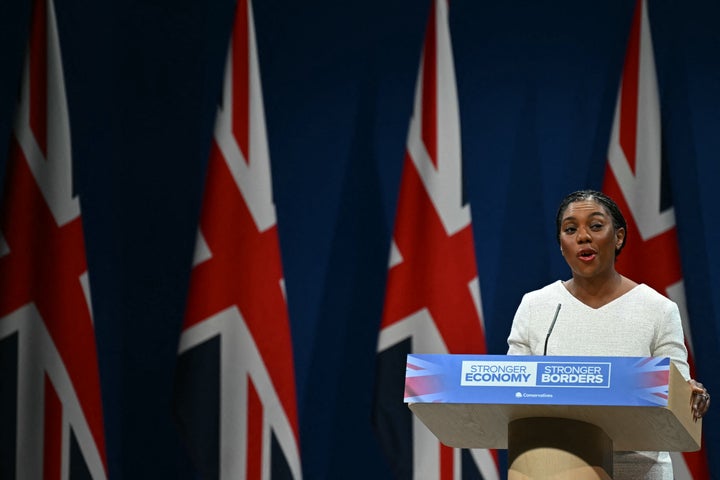Britain's main opposition Conservative Party leader Kemi Badenoch delivers a speech on the final day of the annual Conservative Party conference in Manchester.