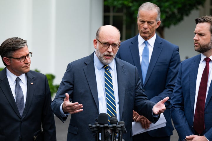 Russell Vought, director of the Office of Management and Budget, speaks along with GOP congressional leaders and Vice President JD Vance following a meeting at the White House with top Democrats.