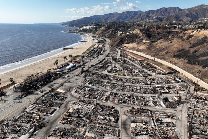 An aerial view shows the devastation left by the Palisades Fire in the Pacific Palisades section of Los Angeles, Jan. 27, 2025. (AP Photo/Jae C. Hong, file)