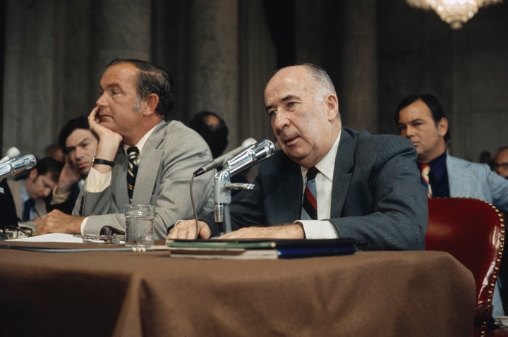 Attorney General John Mitchell, seen here during a 1973 Senate hearing, helped Nixon and cronies plan the break-in and cover-up of the Watergate scandal.