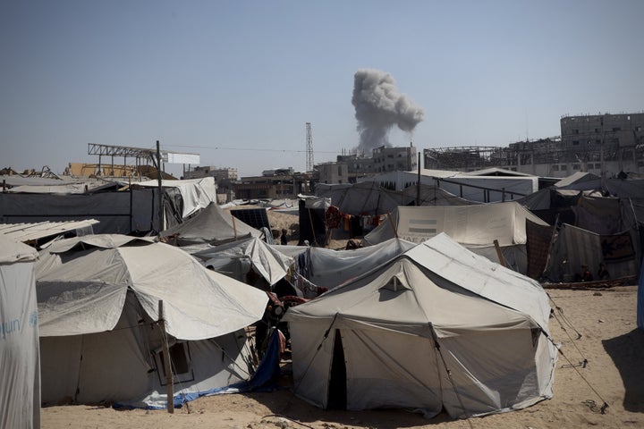 Smoke rises from Israeli airstrikes in Khan Younis, Gaza, on Oct. 8, 2025.