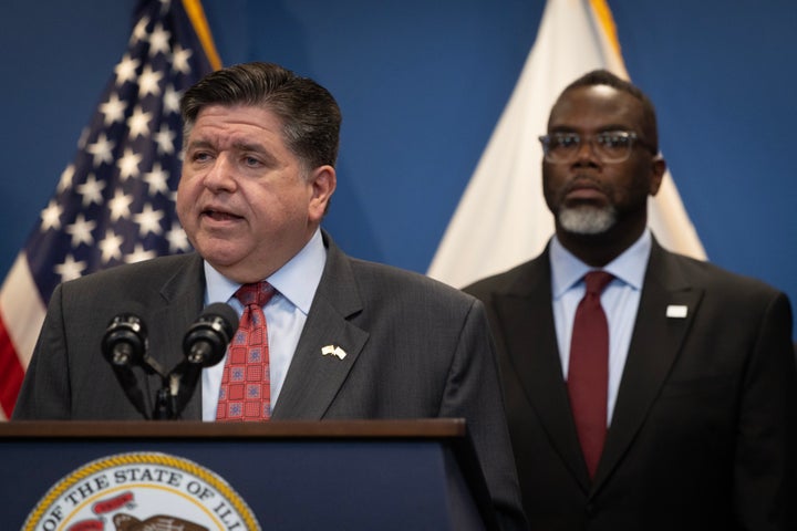 Illinois Gov. JB Pritzker and Chicago Mayor Brandon Johnson photographed at a news conference on Oct. 6, 2025, in Chicago.