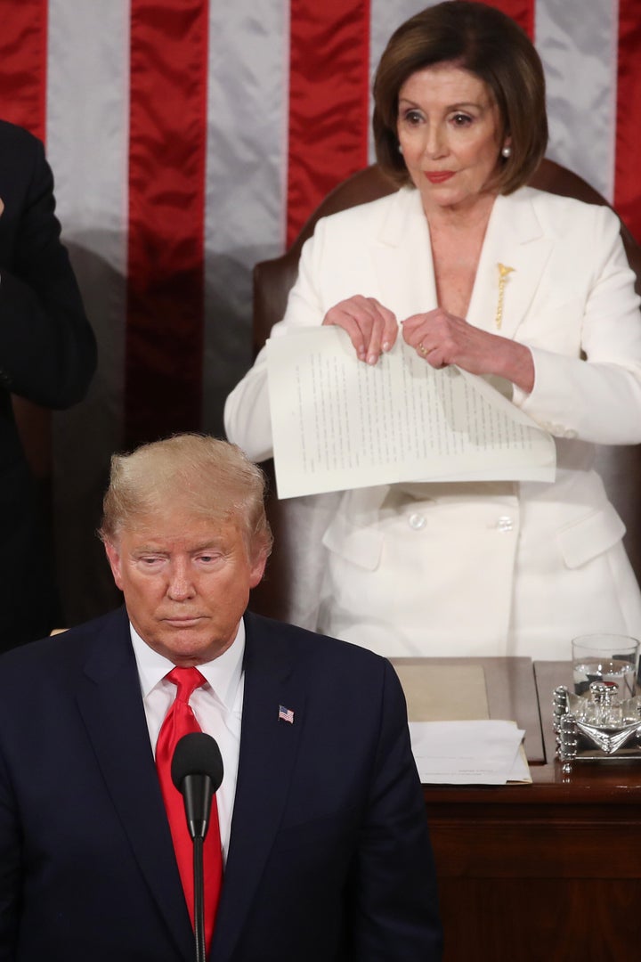Pelosi rips up pages of the State of the Union speech after Trump finishes his State of the Union address in the chamber of the U.S. House of Representatives on Feb. 04, 2020, in Washington, D.C.