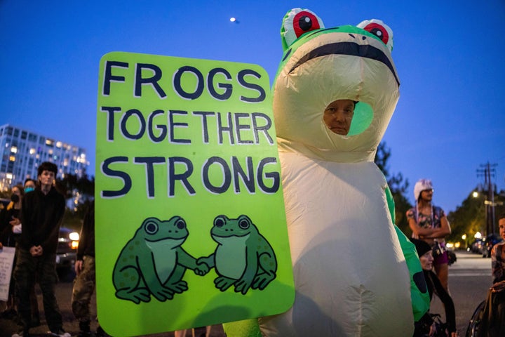 A demonstrator wearing a frog costume stands outside a U.S. Immigration and Customs Enforcement facility on Tuesday, Oct. 7, 2025, in Portland, Oregon.
