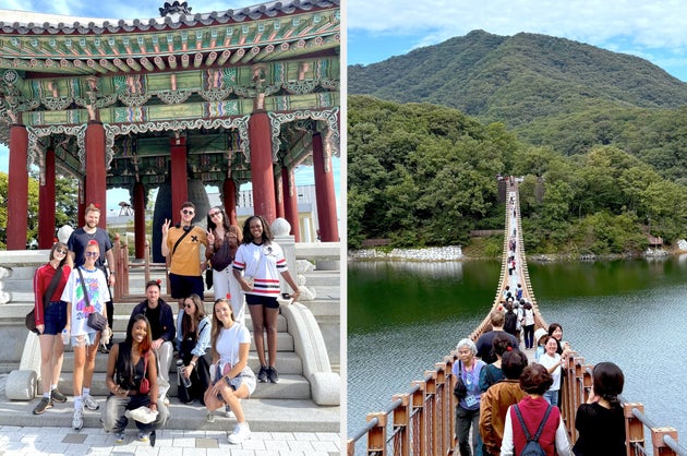 Our tour group poses in front of The Peace Bell before heading to The Gamaksan Suspension Bridge.