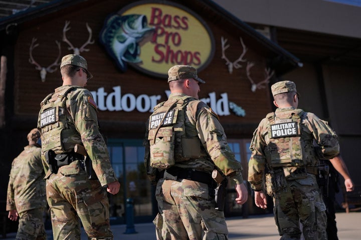 Members of National Guard patrol outside a Bass Pro Shops, on Oct. 10, 2025, in Memphis, Tenn.