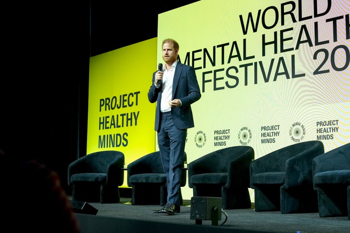The Duke of Sussex speaks onstage during the Project Healthy Minds World Mental Health Day Festival. 