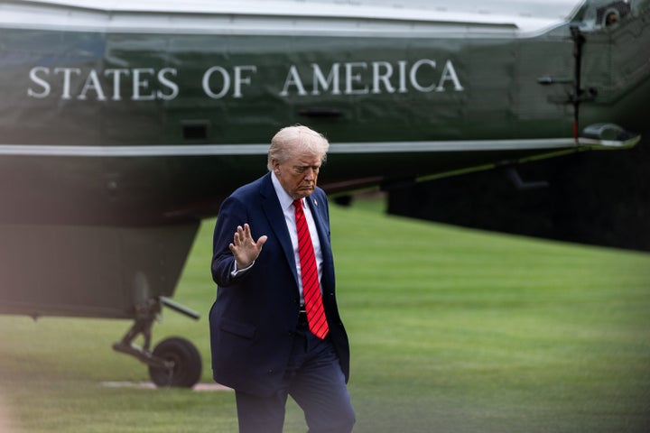 WASHINGTON, DC - OCTOBER 10: U.S. President Donald Trump returns to the White House following a visit to Walter Reed National Military Medical Center on October 10, 2025 in Washington, DC. President Trump traveled to Walter Reed to visit with troops and receive a medical check up. (Photo by Anna Rose Layden/Getty Images)