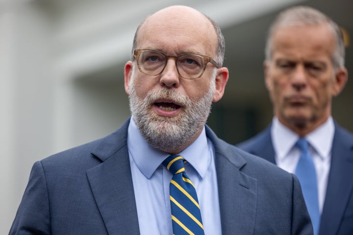  Office of Management and Budget Director Russ Vought accompanied by Vice President J.D. Vance, Senate Majority Leader John Thune (R-SD), and House Speaker Mike Johnson (R-LA), speaks during a press conference following a meeting between President Trump and Congressional Democratic leaders on funding the government, in Washington, DC on September 29, 2025. (Photo by Nathan Posner/Anadolu via Getty Images)