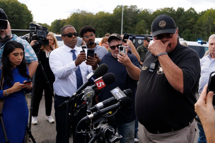 Humphreys County Sheriff Chris Davis speaks to media at Accurate Energetic Systems on October 10, 2025 in McEwen, Tennessee. (Photo by Brett Carlsen/Getty Images)