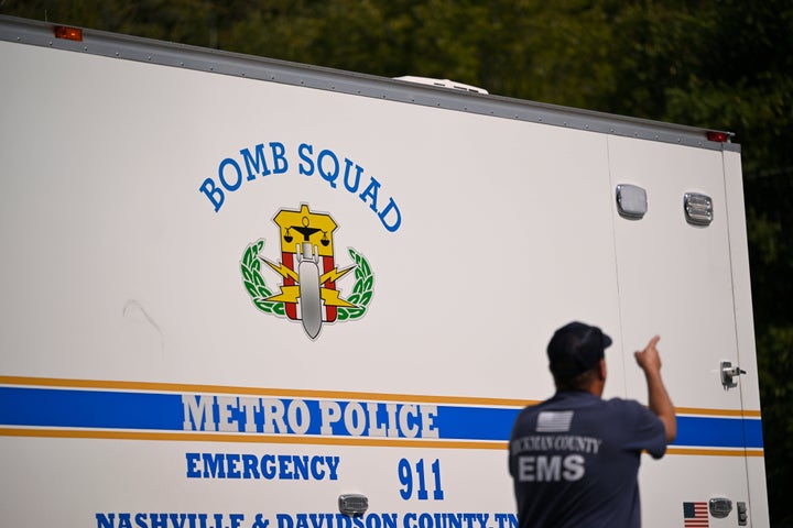 A Metro Nashville Bomb Squad truck pulls up to the gate of Accurate Energetic Systems, an explosives plant, after a blast at the plant resulted in multiple fatalities and others missing Friday, Oct. 10, 2025, in Bucksnort, Tenn. (AP Photo/John Amis)