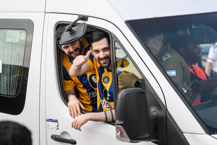 The Israeli hostages Ziv Berman (L) and Gali Berman (R), released as part of a ceasefire deal between Hamas and Israel, are brought to the Tel-Hashomer Sheba Medical Center in Ramat Gan, Israel on Oct. 13, 2025.