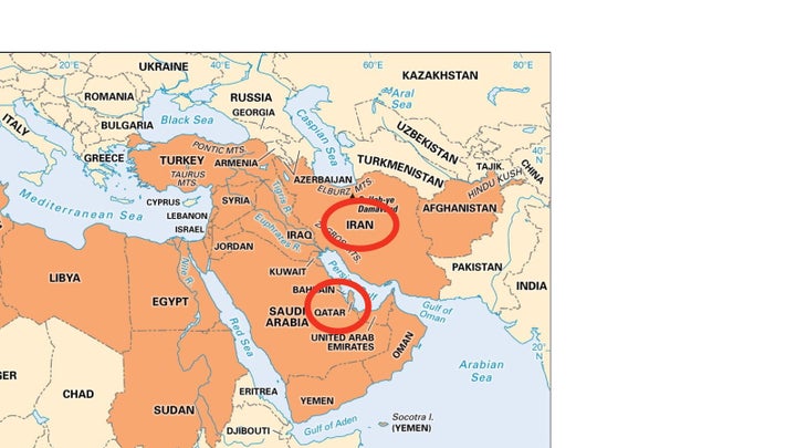 Partial map of the Middle East, with Iran and Qatar highlighted.