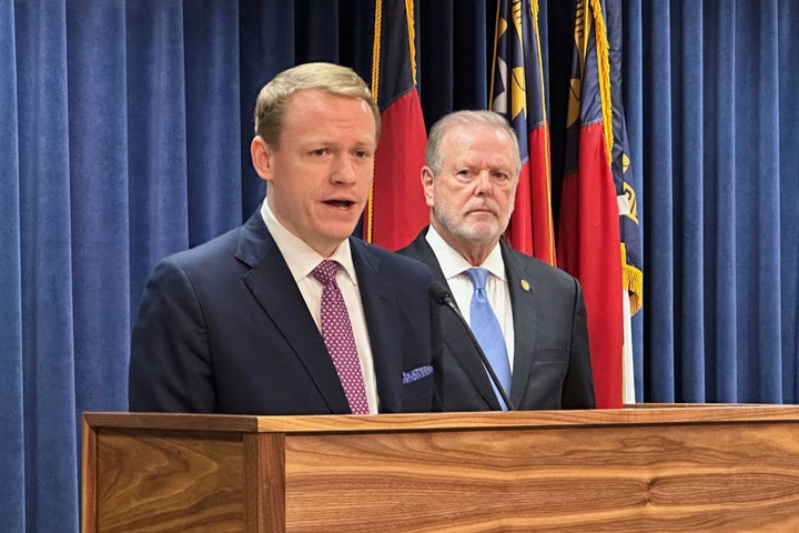 North Carolina state House Speaker Destin Hall, R-Caldwell, left, speaks while state Senate leader Phil Berger, R-Rockingham, listens during a news conference at the North Carolina Legislative Building in Raleigh, N.C., Sept. 11, 2025.