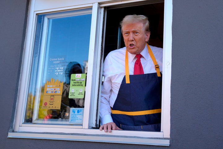 President Donald Trump speaks from a McDonald's window during an October 2024 campaign stop in Feasterville-Trevose, Pennsylvania.