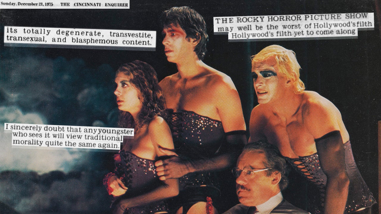 A collage of reviews of "The Rocky Horror Picture Show" and characters Brad (Barry Bostwick), Janet (Susan Sarandon), Rocky (Peter Hinwood) and Dr. Scott (Jonathan Adams).