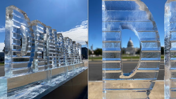 A 3-000-Pound Ice Sculpture By The Capitol Sends A Stark Message To Trump 1 The ice sculpture is slowly melting away Wednesday on the National Mall.