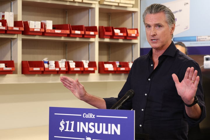 California 1 California Governor Gavin Newsom speaks during a press conference announcing $11 insulin and prescription drugs with the CalRX program inside a Cedars-Sinai pharmacy in Los Angeles, California.