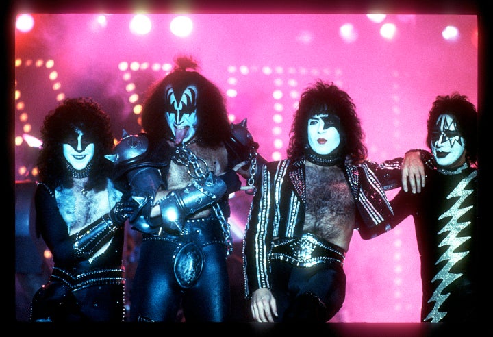 Paul Stanley Guitar, Peter Criss Drummer, Gene Simmons / BASS, Ace Frehley Guitar, Kiss live, at the Long Beach Arena, 1976 (Photo: Armando Gallo/Getty Images)