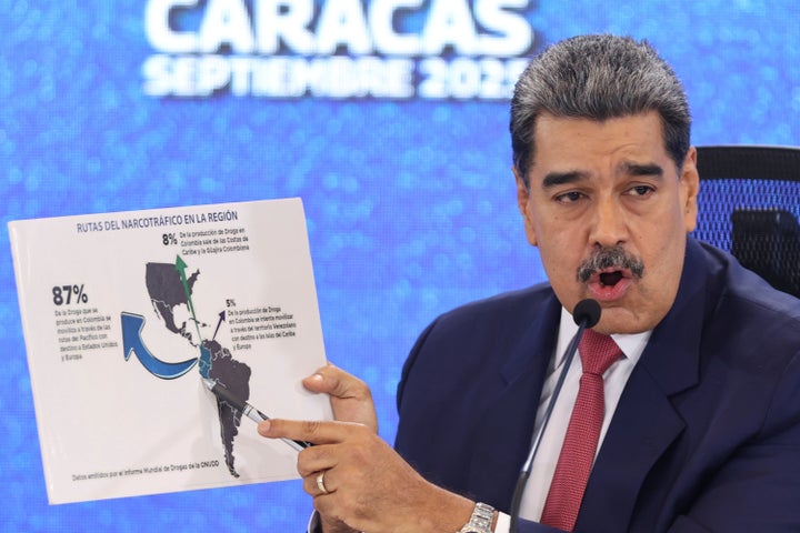 Venezuela's President Nicolas Maduro points at a map of the Americas during a news conference in Caracas, Venezuela, on Sept. 15, 2025.
