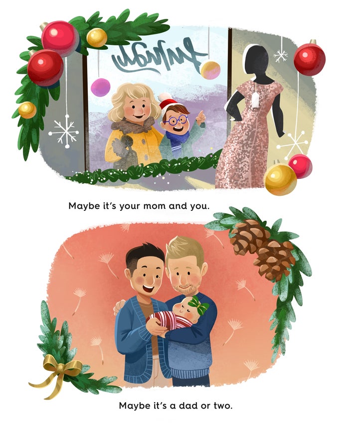 Steph Lew’s illustrations for “Fa La La Family” show the couple gazing down at a newborn.