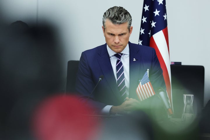 U.S. Secretary of Defense Pete Hegseth speaks during a Ukrainian Defense Contact Group meeting at NATO headquarters in Brussels, Oct. 15, 2025. 