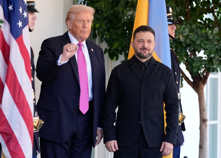 President Donald Trump, left, gestures as he greets Ukrainian President Volodymyr Zelenskyy at the White House on Oct. 17, 2025, in Washington.