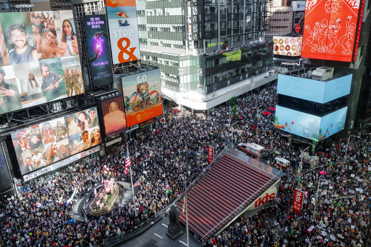 Thousands of "No Kings" protesters fill Times Square during a "No Kings" protest.