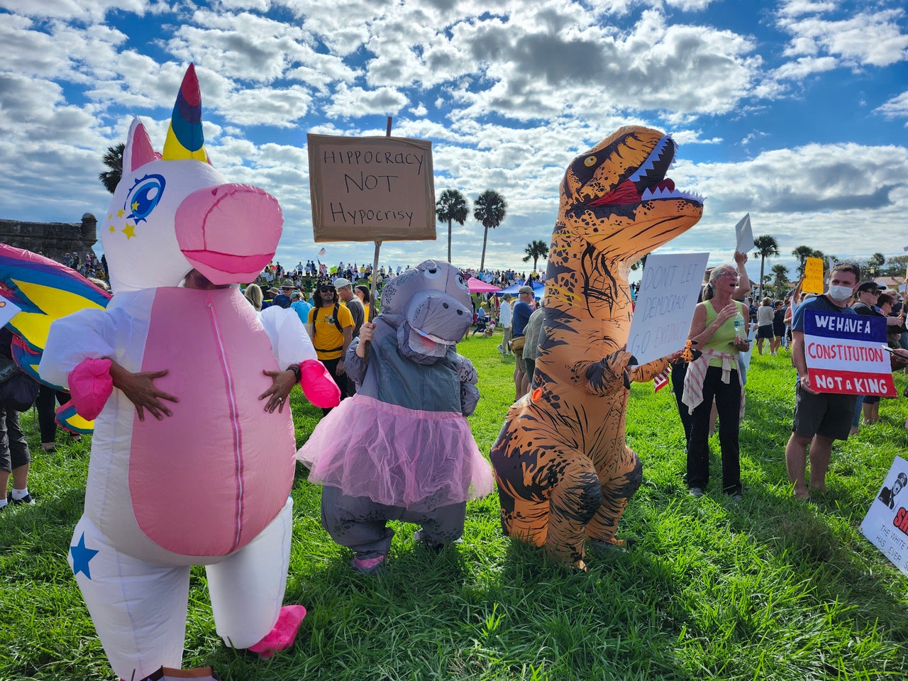 Protesters dressed in inflatable animal costumes gather in St. Augustine, Florida.