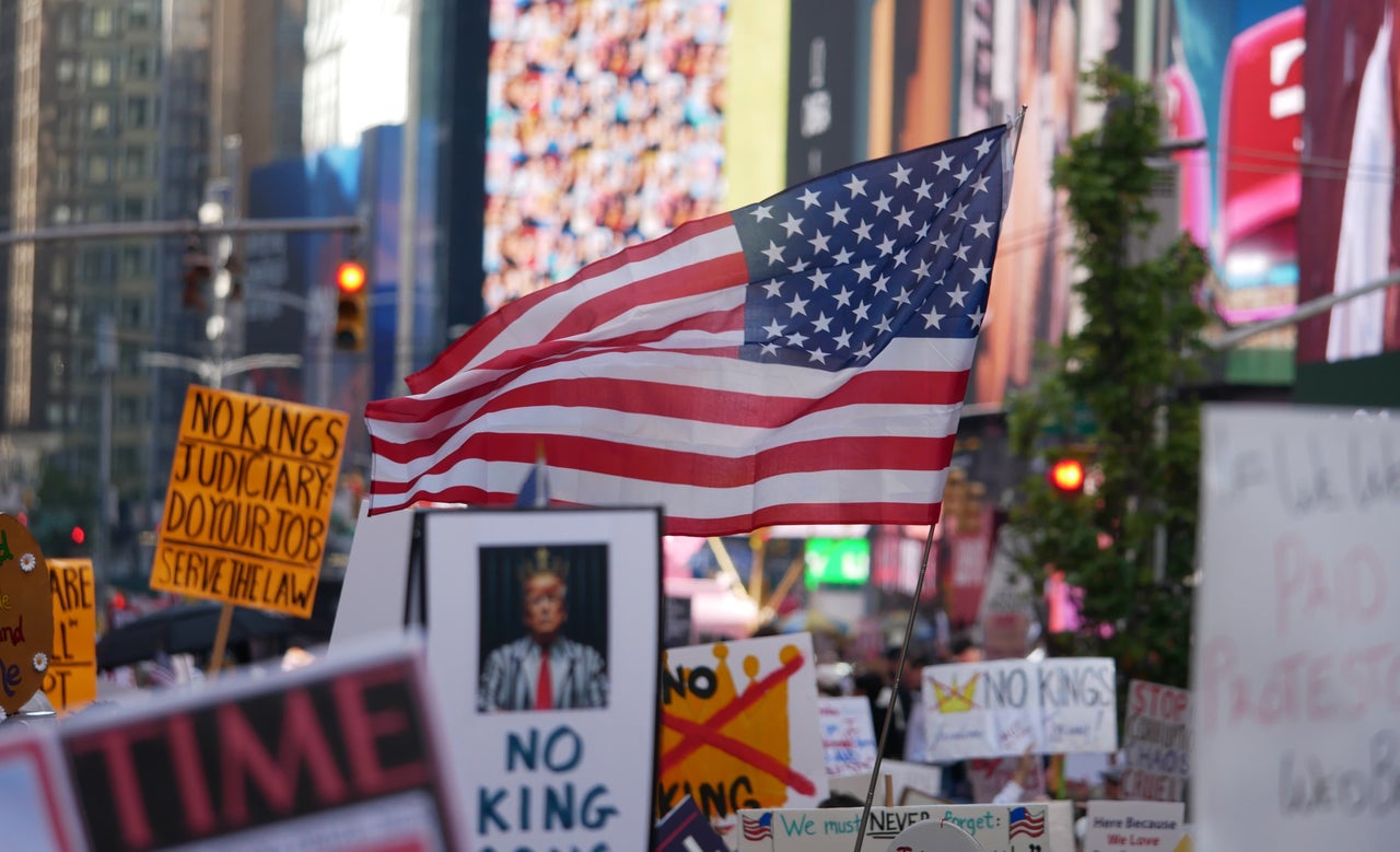 An American flag wave at a "No Kings" protest in New York City.