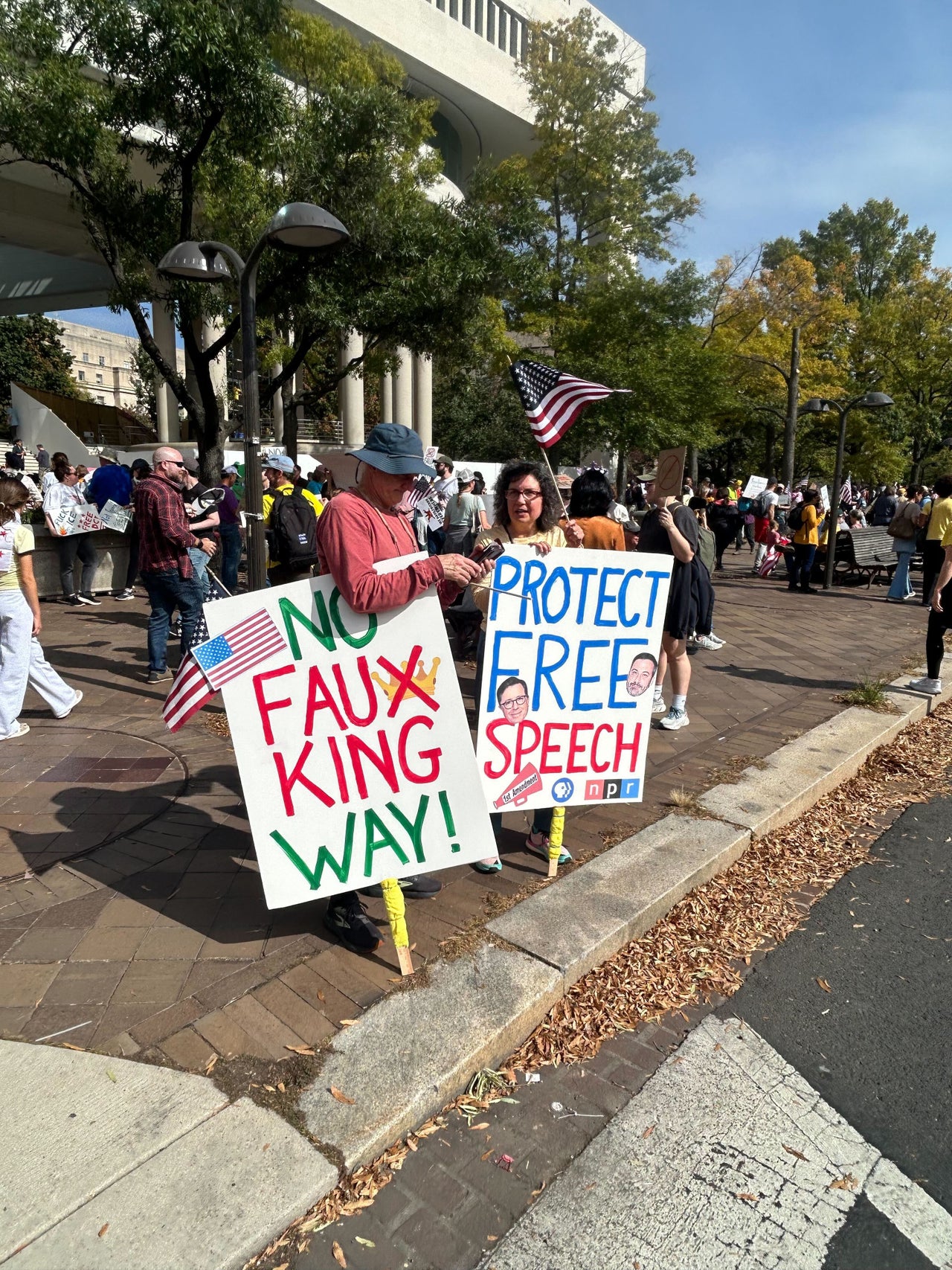 A sign at a "No Kings" rally in Washington, D.C. reads, "No Faux King Way!"