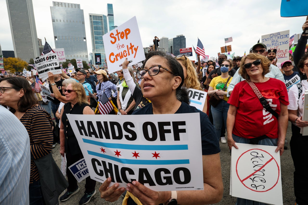 Protestors march a "No Kings" protest in Chicago, Illinois.