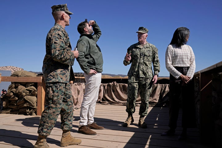 US Vice President JD Vance (2nd L) and US Second Lady Usha Vance (R) participate in a briefing during an amphibious capabilities demonstration on Red Beach at Camp Pendleton, California, on October 18, 2025 as part of the Marine Corps' 250th anniversary celebrations. (Photo by Oliver Contreras / POOL / AFP) (Photo by OLIVER CONTRERAS/POOL/AFP via Getty Images)