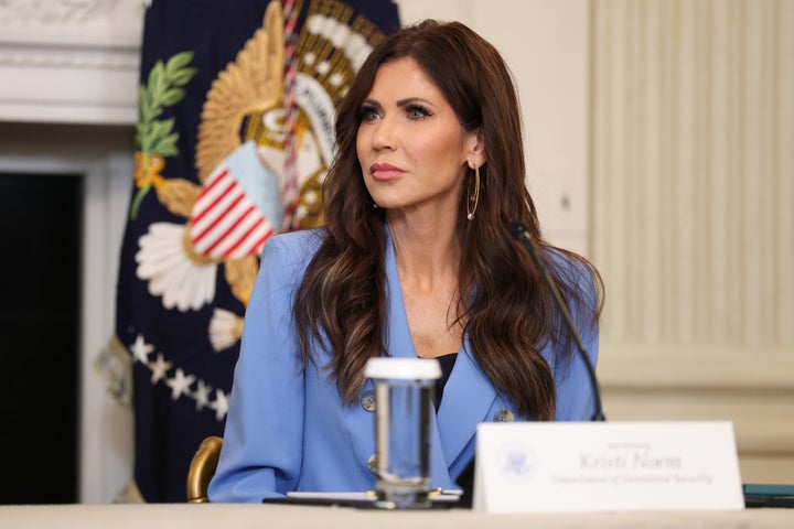 U.S. Secretary of Homeland Security Kristi Noem looks on during a roundtable discussion in the State Dining Room of the White House on October 08, 2025 in Washington, DC. Trump’s administration held the roundtable to discuss the anti-fascist Antifa movement after signing an executive order designating it as a “domestic terrorist organization”. (Photo by Anna Moneymaker/Getty Images)