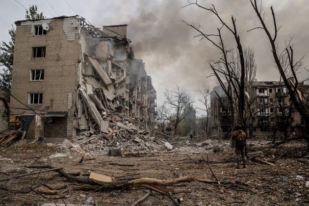Smoke raises amid the ruins in Kostiantynivka, a frontline town where some 5000 people still stay with no water, electricity and gas supply in the site of heaviest battles with the Russian troops in Ukraine's Donetsk region.