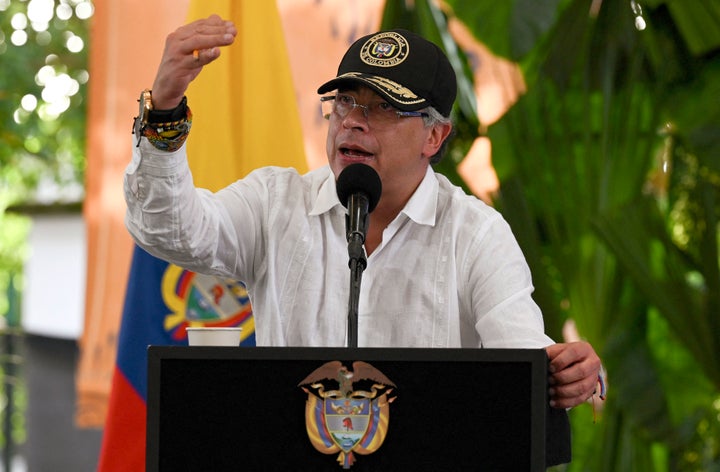 Colombian President Gustavo Petro delivers a speech during a ceremony to destroy war material in Puerto Asis, Colombia on Oct. 15, 2025. Petro said he would boycott an upcoming U.S.-supported Summit of the Americas, deepening a rift with Washington, which has already stripped him of a U.S. visa.