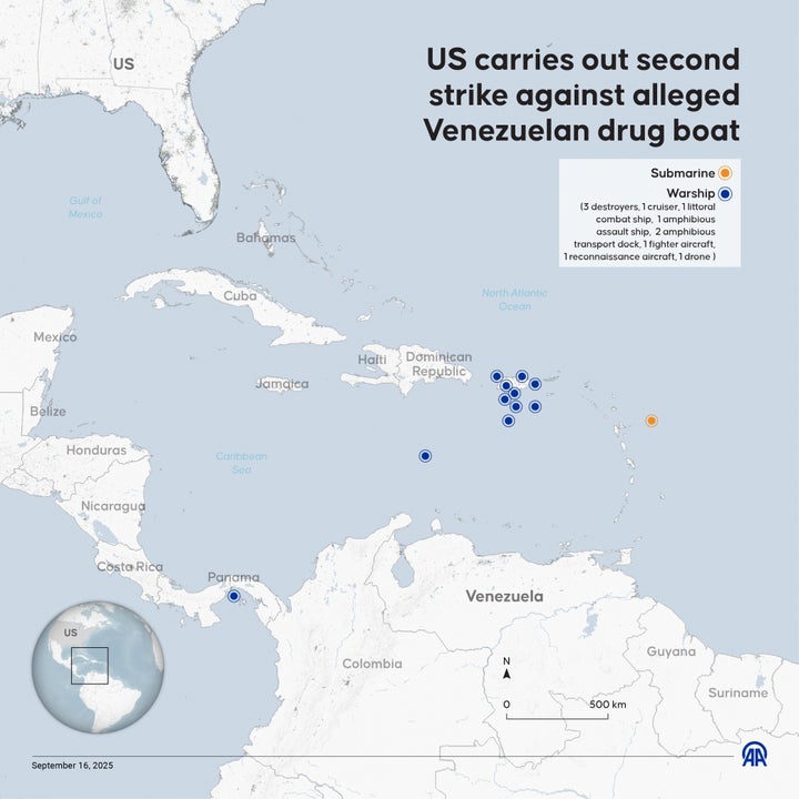 An infographic about the U.S. government's second strike in Caribbean waters that killed three people on a boat the Trump administration claims was transporting narcotics from Venezuela, on Sept. 16, 2025. One of the victims was Colombian fisherman Alejandro Carranzo, whom President Gustavo Petro said had no ties to drug trafficking.