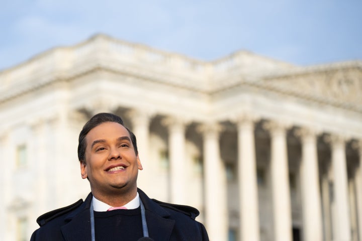 Rep. George Santos, here during a November 2023 press conference discussing efforts to expel him from Congress, was impeached. 