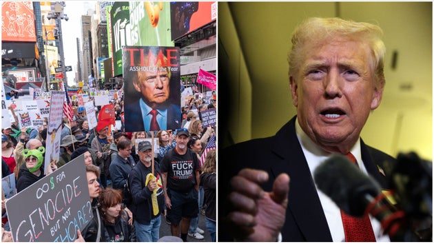 （左）ニューヨークのタイムズスクエアで開かれた「ノー・キング」デモ（2025年10月19日） （右）大統領専用機で記者の質問に答えるトランプ大統領（2025年10月19日）