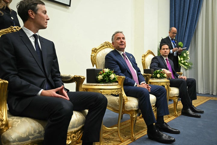 U.S. President Donald Trump's son-in-law Jared Kushner (L), White House Special Envoy to the Middle East Steve Witkoff (C) and U.S. Secretary of State Marco Rubio (R) attend a meeting between Trump and Egyptian President Abdel Fattah al-Sisi at a summit on Gaza in Sharm el-Sheikh, on Oct. 13, 2025.