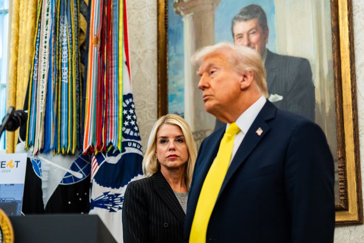Trump Says He'd Have Ultimate Say On Cash He Seeks Over Previous Federal Investigations Into His Conduct 1 WASHINGTON, DC October 15: US attorney general Pam Bondi and US President Donald Trump during a news conference in the Oval Office of the White House on Wednesday October 15, 2025. US deputy attorney general Todd Blanche, director of the Federal Bureau of Investigation (FBI) Kash Patel, and US attorney general Pam Bondi were in attendance. (Photo by Demetrius Freeman/The Washington Post via Getty Images)