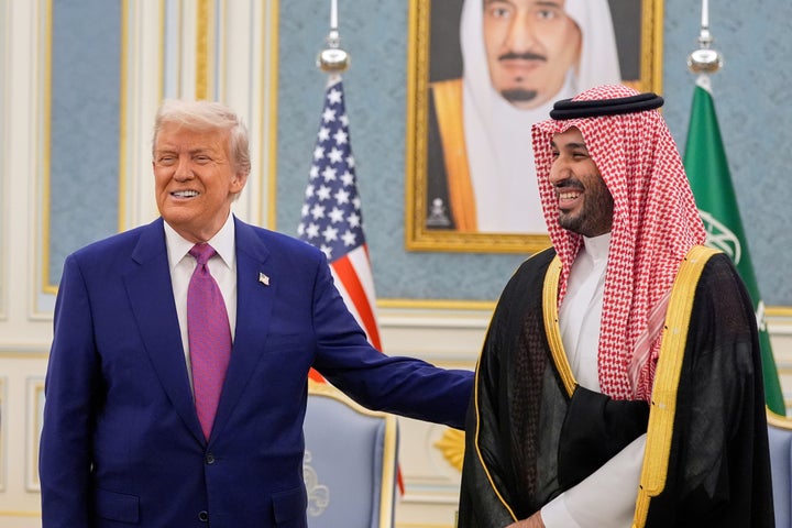 President Donald Trump and Saudi Crown Prince Mohammed bin Salman meet at the Royal Palace in Riyadh, Saudi Arabia, May 13, 2025. (AP Photo/Alex Brandon, File)