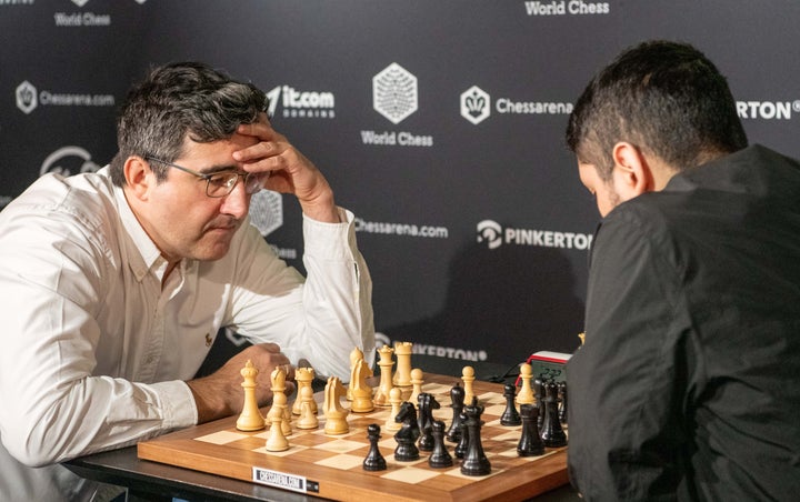 LONDON, ENGLAND - AUGUST 19: Chess Grandmasters Vladimir Kramnik and José Martínez Alcántara face off at the World Chess Clash of Blames tournament on August 19, 2024 in London, England. (Photo by Antony Jones/Getty Images for World Chess)