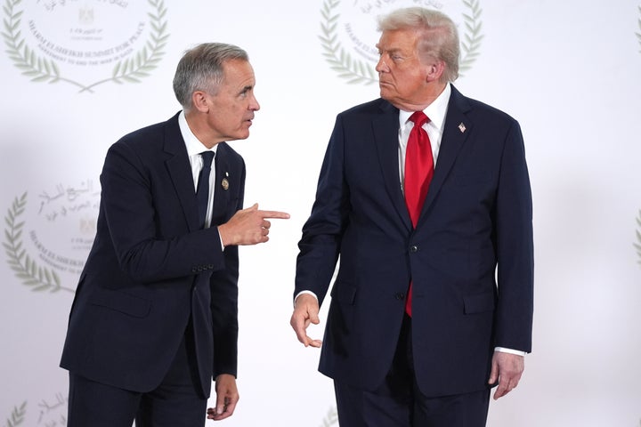 President Donald Trump, right, and Canada's Prime Minister Mark Carney, left, during a world leaders' summit on ending the Gaza war on Oct. 13.