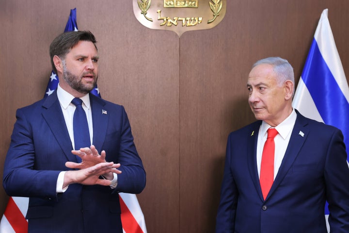 JERUSALEM - OCTOBER 22: (----EDITORIAL USE ONLY - MANDATORY CREDIT - 'MARC ISRAEL SELLEM / POOL' - NO MARKETING NO ADVERTISING CAMPAIGNS - DISTRIBUTED AS A SERVICE TO CLIENTS----) U.S. Vice President J.D. Vance (L) and Israeli Prime Minister Benjamin Netanyahu (R) speak to the media before the interdelegational meeting at the Prime Minister's Office in West Jerusalem, on October 22, 2025. (Photo by POOL / Marc Israel Sellem / Handout /Anadolu via Getty Images)