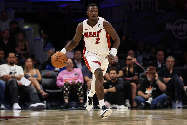 Terry Rozier #2 of the Miami Heat dribbles the ball during the second half in a preseason game against the Memphis Grizzlies at Kaseya Center on October 17, 2025 in Miami, Florida. (Photo by Tomas Diniz Santos/Getty Images)