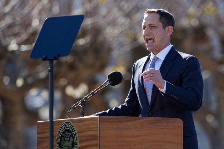 San Francisco Mayor Daniel Lurie delivers his inaugural address in front of City Hall in January.