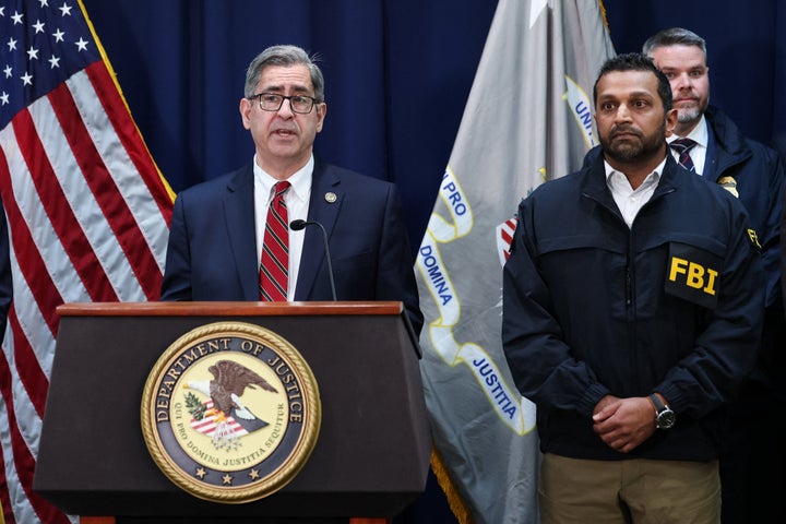 US Attorney for the Eastern District of New York Joseph Nocella (L) speaks alongside FBI Director Kash Patel (R) during a news conference to announce arrests tied to illegal sports betting and poker game schemes, in New York City on Oct. 23, 2025. NBA coach Chauncey Billups of the Portland Trail Blazers and Miami Heat guard Terry Rozier were arrested on Thursday for alleged involvement in illegal gambling. Billups, a former Detroit Pistons star and member of the NBA Hall of Fame, was arrested in connection with rigged illegal poker games tied to the Mafia, FBI Director Kash Patel said. Rozier and a former NBA player, Damon Jones, were arrested in a sports betting case, Patel said at a press conference in New York.
